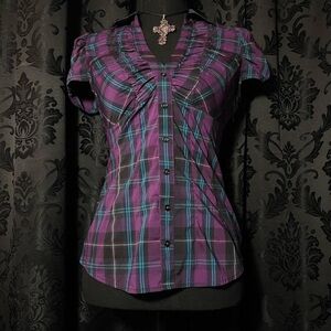 Express Purple Plaid Button-Down Shirt with Blue Trim
